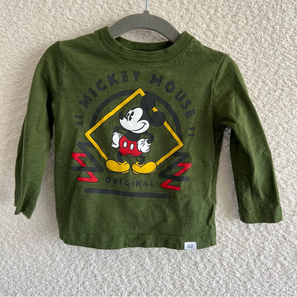 Gap x Disney Mickey Mouse Green Toddler Baby Long Sleeve Shirt Size 12-18 Months